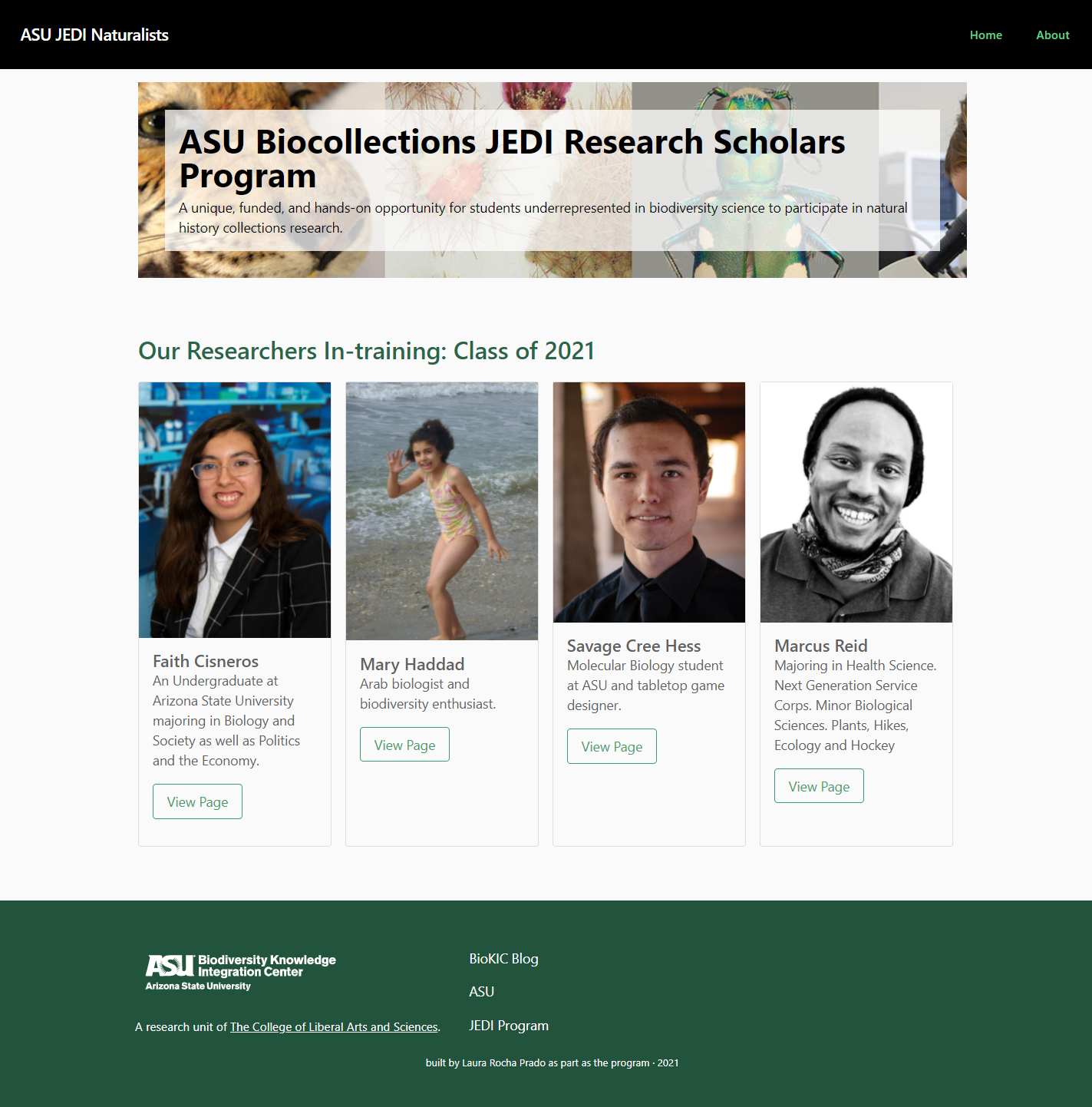JEDI Naturalists Website Class of 2021 Screenshot