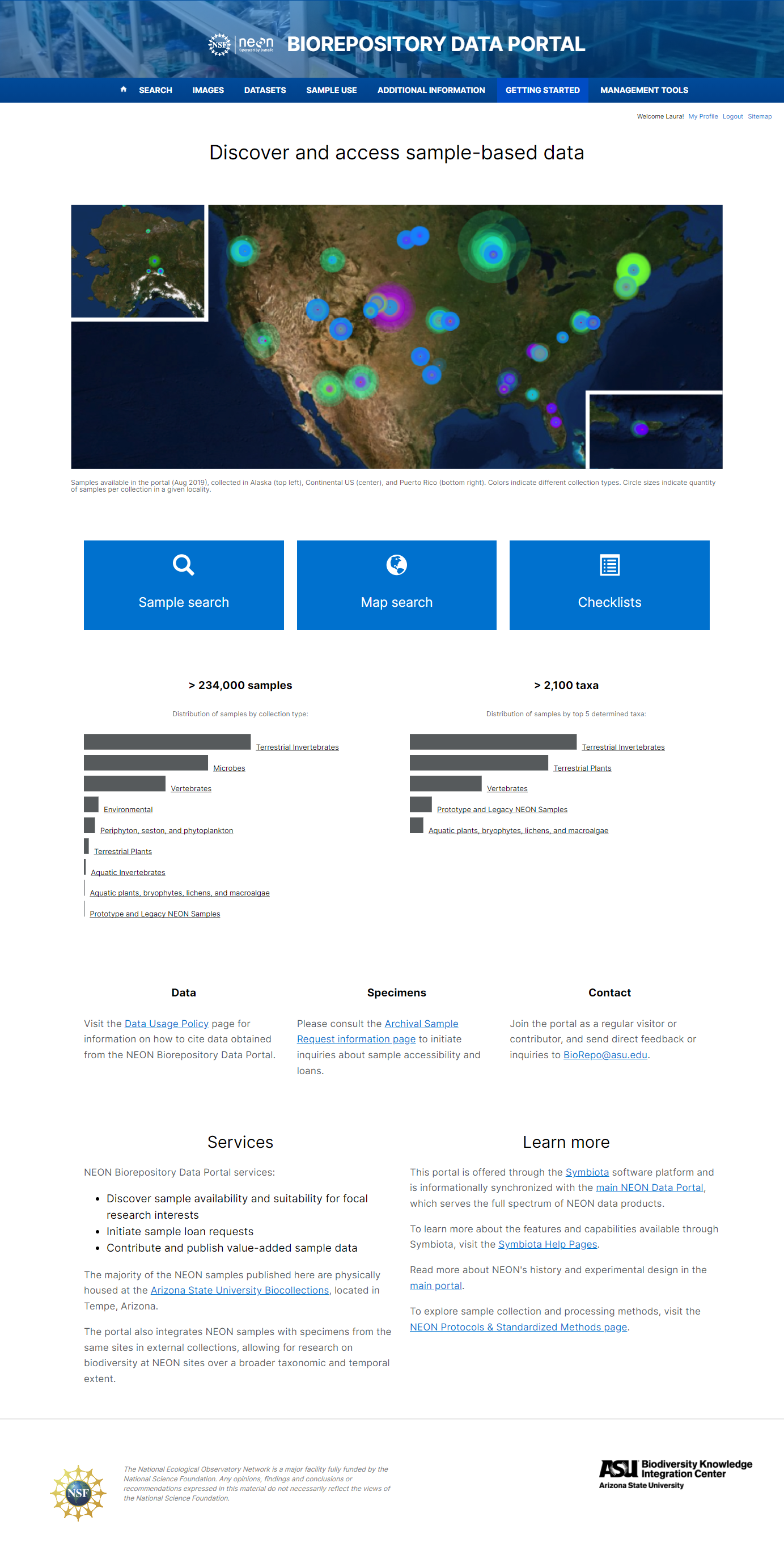 Full screenshot of the front-page of the NEON Biorepository Data Portal