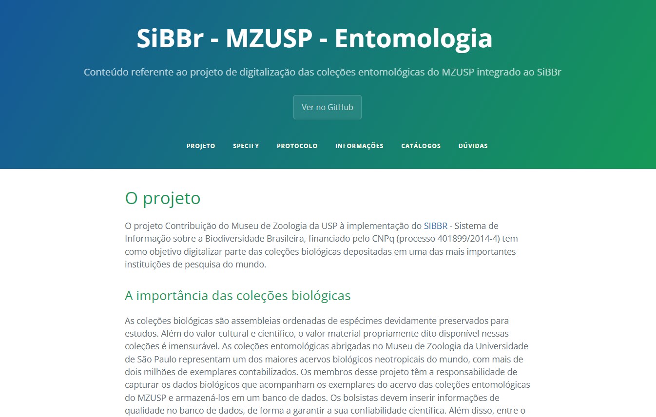 Screenshot of initial page of the SiBBr - MZUSP - Entomologia website